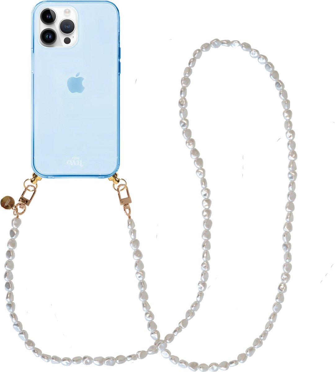 xoxo Wildhearts silicone case met koord - Blauw telefoonhoesje met koord - telefoonketting - Pearlfection - long - Cord Case - geschikt voor Apple iPhone 15 Pro - Parelketting lang