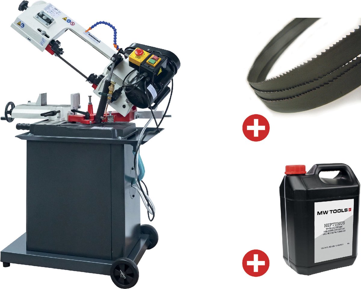 Mobiele metaalbandzaag -45°/+60° zaagcapaciteit rond 128 mm 0,55 kW 230V koeling incl. 3 lintzagen 1 bus koelmelk 5L Torros SC135G PACK