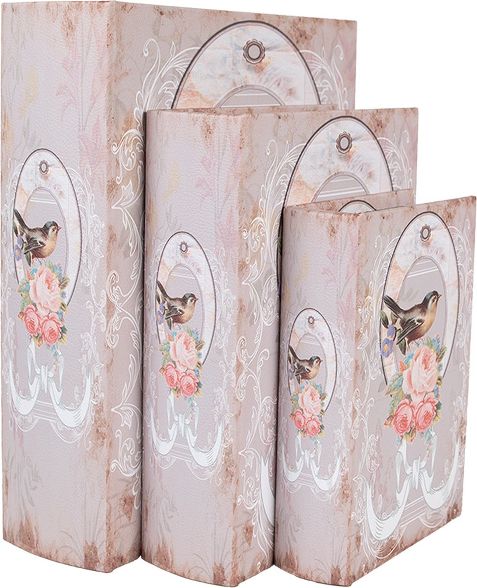 Clayre & Eef Opbergdoos Set van 3 Boeken 27/22/17 cm Roze Hout Vogel