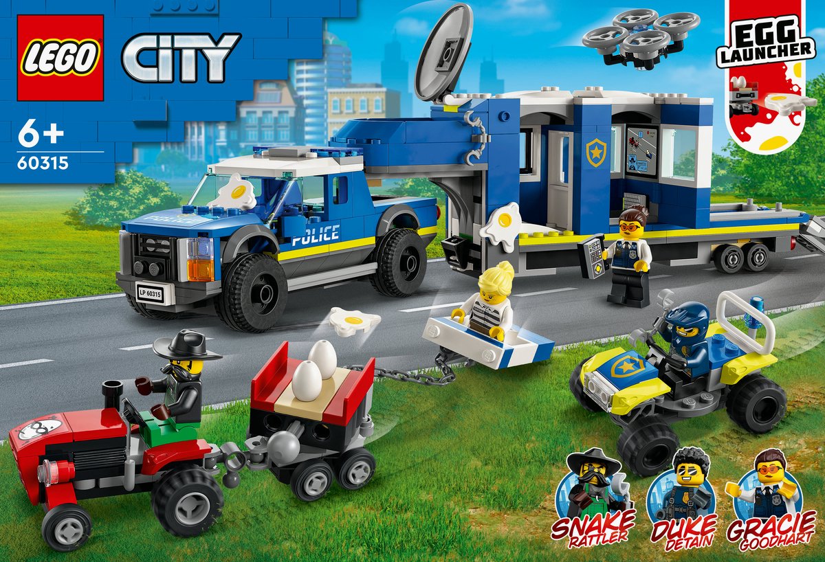 LEGO® City Mobiele commandowagen politie 60315 bouwset voor kinderen vanaf 6 jaar; met een pick-uptruck en aanhanger met gevangenis, een terreinwagen en een drone, een tractor met eier-aanhanger en 4 minifiguren (436 onderdelen) — afbeelding 14
