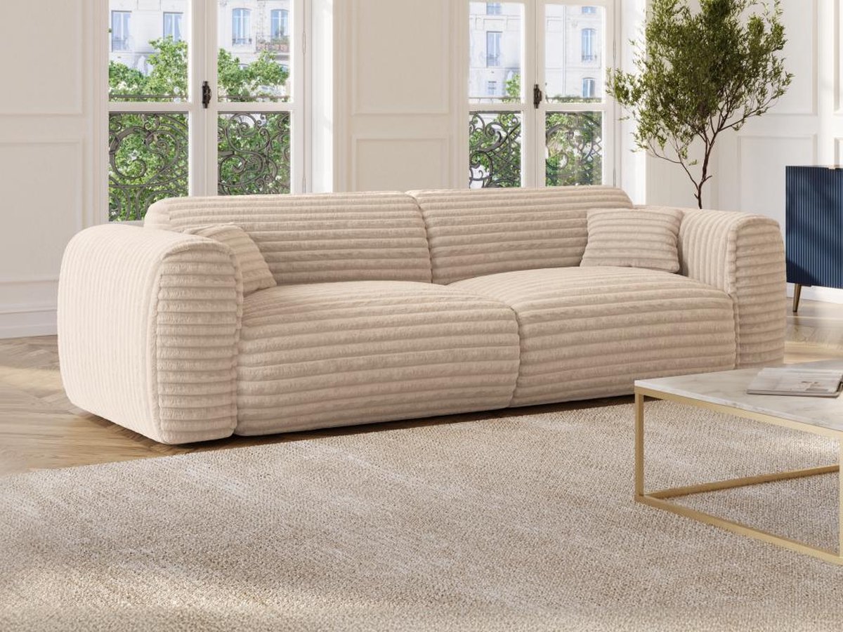Vente-unique Vierzitsslaapbank express in beige, dik ribfluweel - Slaapoppervlak 160 cm - POGNIA