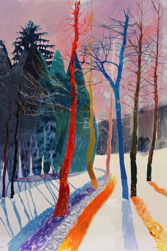 Affiche abstrait de paysage hivernal de forêt avec des arbres aux couleurs vives et des ombres, sur fond blanc.