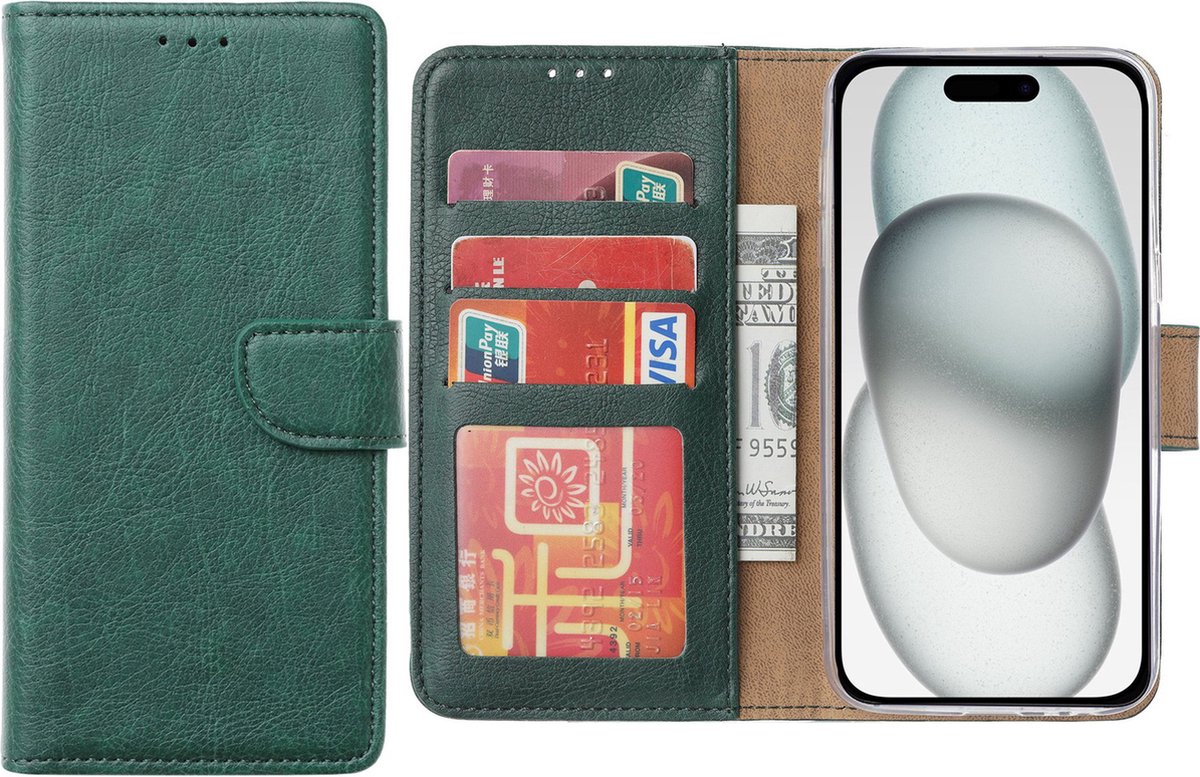 Hoesje Geschikt voor iPhone 15 – Arara bookcase met pasjeshouder- Groen