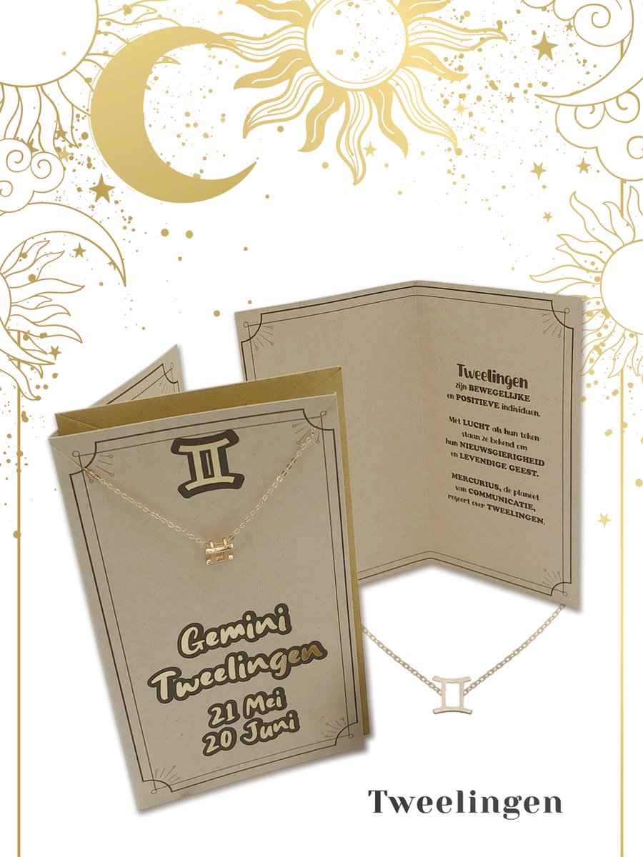 My Aura - Tweelingen Gemini - Sterrenbeeld - Horoscoop kaart - met Ketting - Zodiac sieraden - wenskaart met envelop - Nederlands