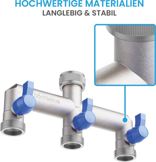 Zilverkleurige verdeler met drie G 3/4" aansluitingen en blauwe kranen. Inzet toont detail.