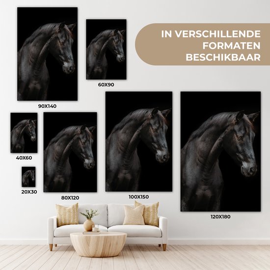 Tableau sur toile Cheval - Animaux - Zwart - Portrait - 20x30 cm - Décoration murale