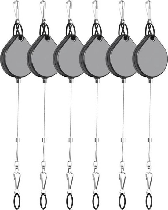 Zes stuks grijze intrekbare kabelhouders met metalen kabel en karabijnsluiting.
