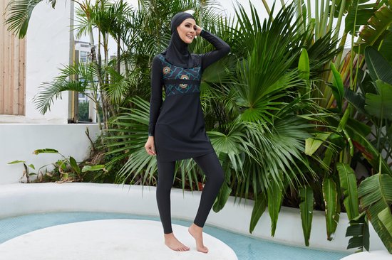 Yming Moslim zwempak voor vrouwen Sneldrogende badmode Bescheiden Slim Fit Burkini zwempak met lange mouwen, zwart, S