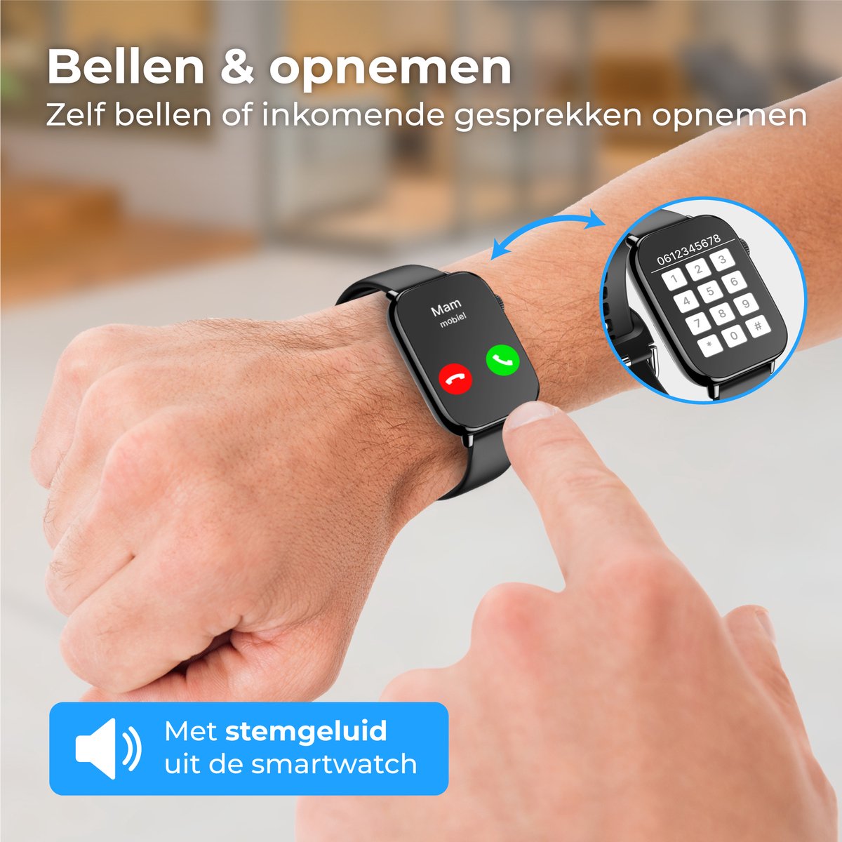 Afbeelding 3 van Nuvance Smartwatch Heren & Dames met Bluetooth - IP68 Waterdicht - Geschikt voor alle Smartphones - Stappenteller en Hartslagmeter - Zwart