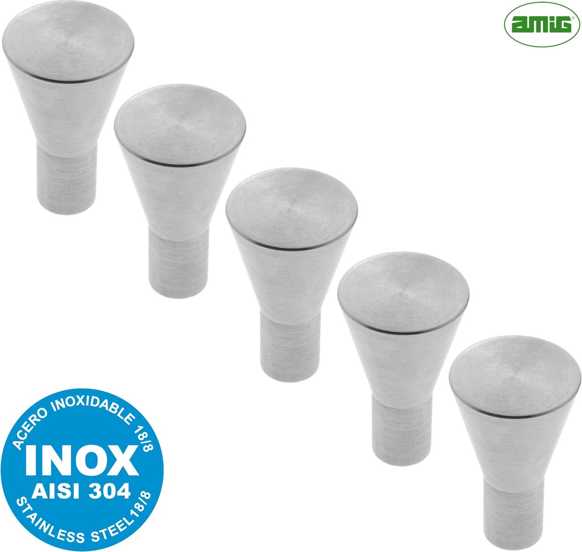 AMIG Meubelknop Kastknop – 5 stuks – rond Ø 25 / 12mm – 40mm hoog – massief RVS AISI 304