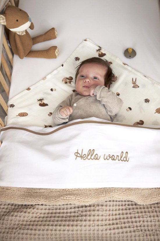 Baby in een ledikant ligt onder een deken met dierenprint en een wit laken met de tekst 'Hello world'.
