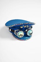 KIMU® Pet Blauwe Kapiteinspet met Goggles - Maat 59 - Diamanten Blauw Glitter - Glitters Hoed Politiepet Schipperspet Officierspet Steentjes Festival