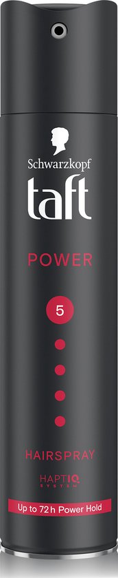 Zwarte Taft Power haarsprayfles met rode stippen en tekst 'Up to 72h Power Hold'.