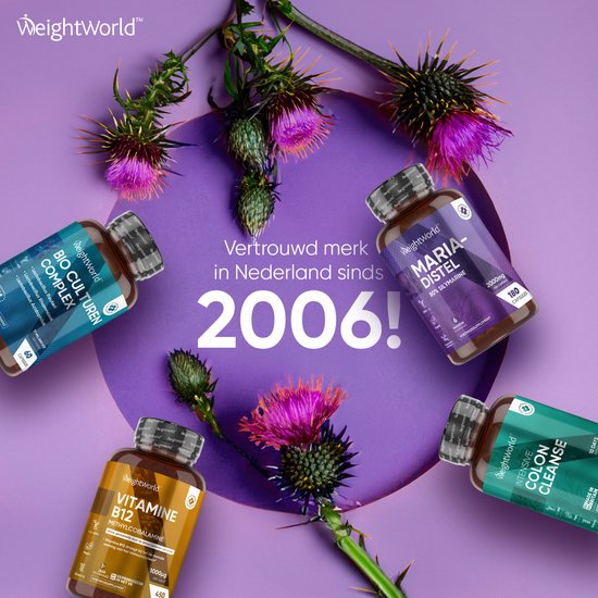 Vier WeightWorld supplementenpotten, waaronder mariadistel, omringd door paarse distelbloemen. Tekst: "Vertrouwd merk in Nederland sinds 2006!"