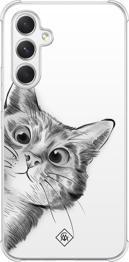 Coque Casimoda® - Convient pour Samsung Galaxy A15 - Cat Peekaboo - Coque antichoc - Extra résistante - TPU/polycarbonate - Grijs, Transparent