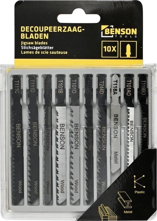 Een verpakking met 10 Benson decoupeerzaagbladen voor hout, metaal en kunststof.