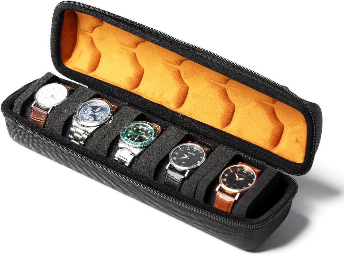 5 Slot Rits Horloge Rol Reiskoffer - Opslag en Organisator voor Mannen en Vrouwen - Horlogekussen - Zwart met Microfiber Voering