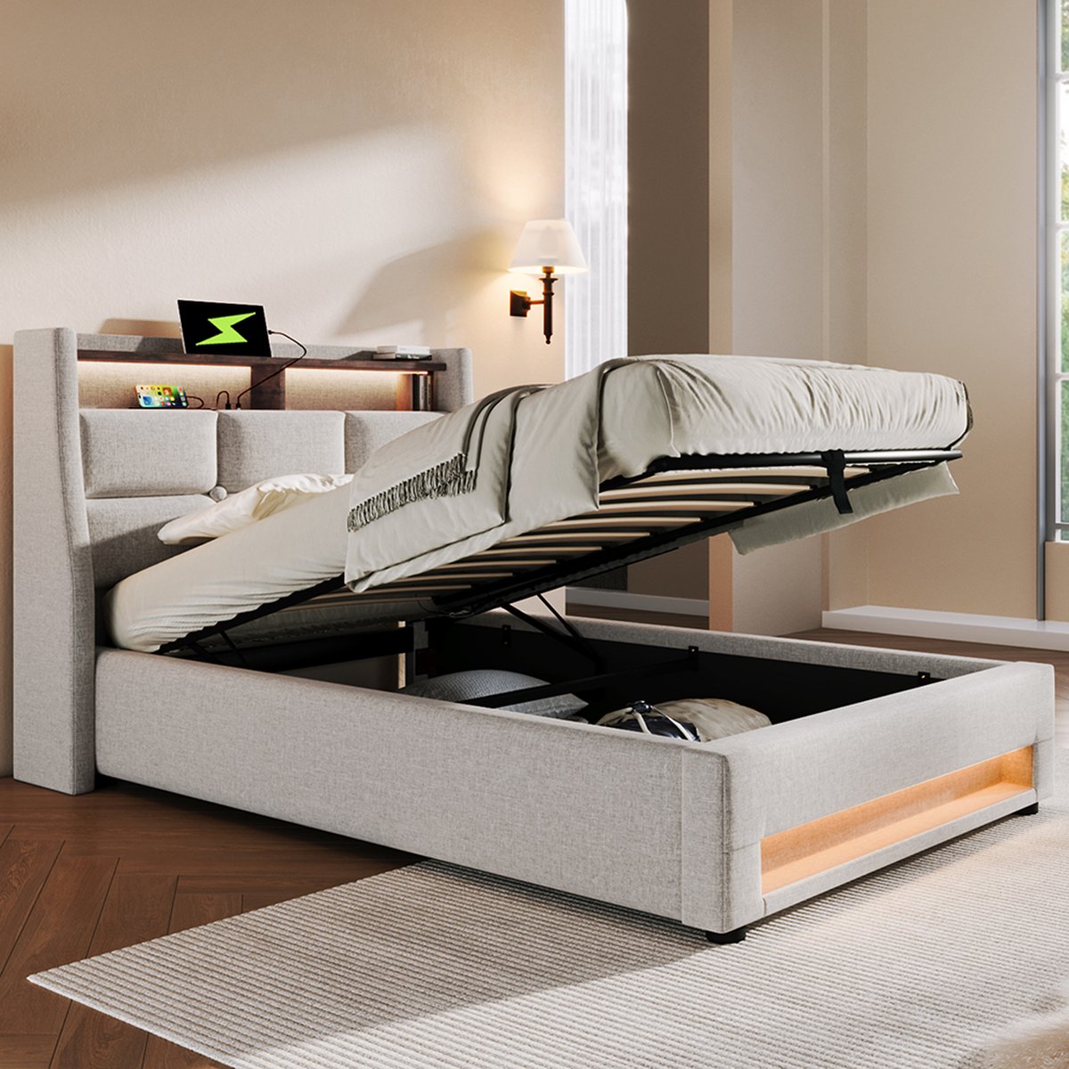 KOMHTOM Bed Eenpersoonsbed 90x200 cm Chest bed met USB Single LED bed met metalen lattenbodem Beige