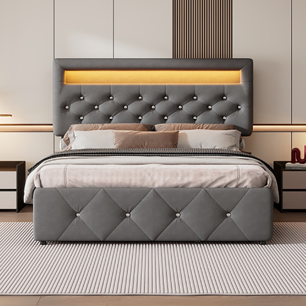 KOMHTOM Volwassenenbed bed Tweepersoonsbed 140x200 cm met onderschuifbed en opbergvak grijs