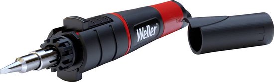 Weller soldeerbout met rode en zwarte handgreep, met een open dop ernaast.