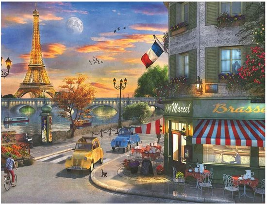 Parijs bij zonsondergang: Eiffeltoren, Seine-brug, brasserie 'Marcel Brasserie' met rode gestreepte luifel, gele en blauwe Citroën 2CV, wielrenner en zwarte kat.