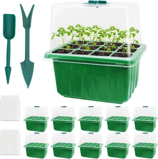 YeahBoom 10 stuks plantenbak, mini-broeikas voor zaailingen met geventileerde koepels, 120 biologisch afbreekbare gaten, kiembox, vermeerderingsset voor planten die groeien