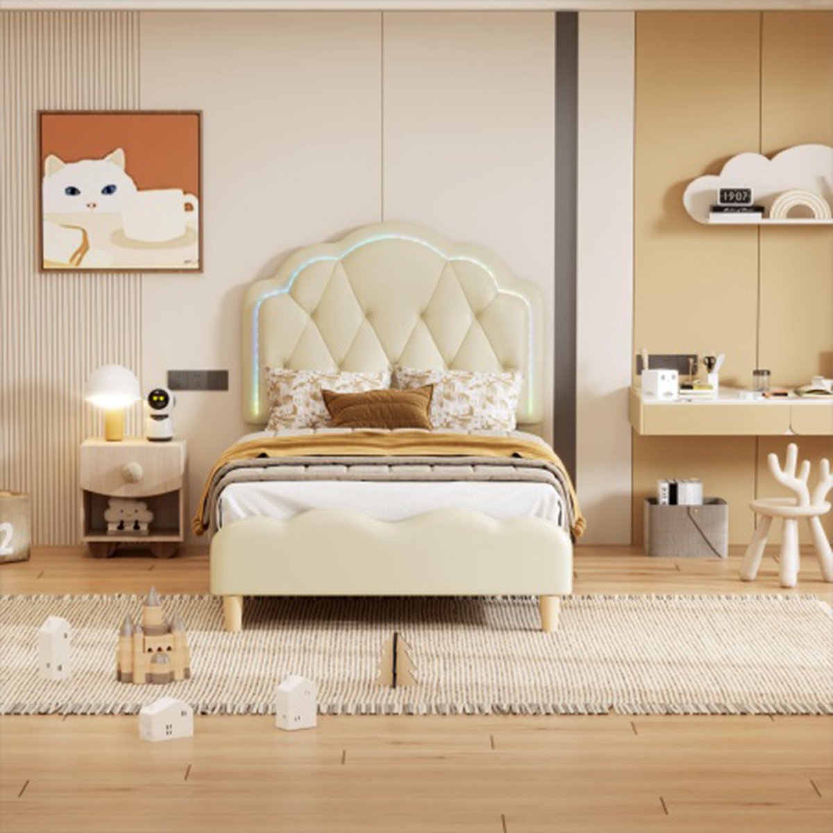 KOMHTOM Bed kinderbed Eenpersoonsbed 90x200 cm met veelkleurige LED tractiebalk PU wit