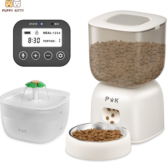 PUPPY KITTY 2-in-1 Automatische Voerbak & waterdispenser - Voerautomaat Dispenser - Kat en Hond - Automatische Waterbak - Waterdispenser - Drinkfontein - Wit - PUPPY - €49,99