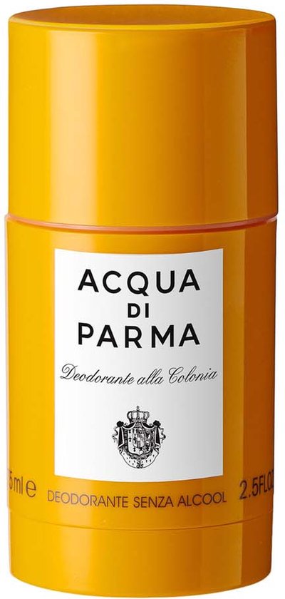 Oranje Acqua Di Parma deodorantstick met wit label: "ACQUA DI PARMA", "Deodorante alla Colonia", wapenschild en "75 ml DEODORANTE SENZA ALCOOL 2.5FL"