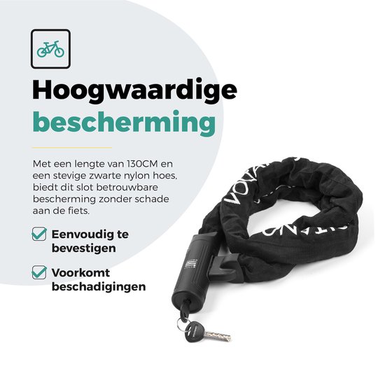 Zwart 130cm kettingslot met nylon hoes en twee sleutels.