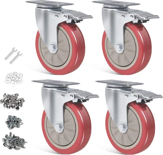 50 mm zwenkwielen set - zware wielen met remmen en schroeven - industriële plaatwielen