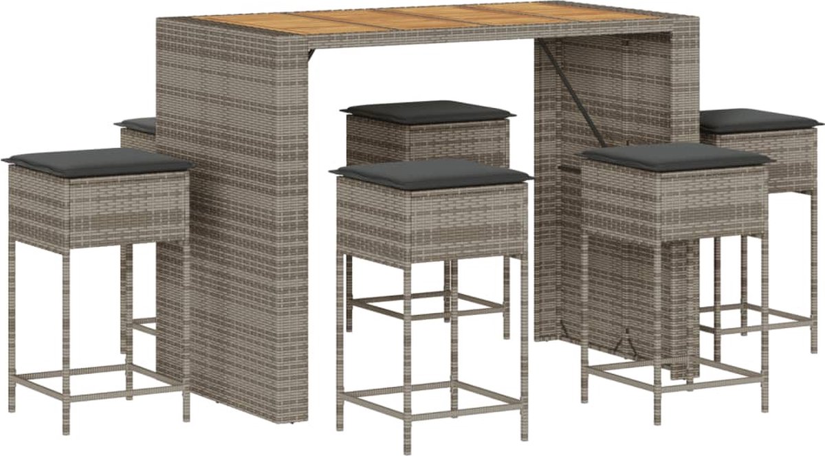 VidaXL 7-delige Tuinbarset met kussens poly rattan grijs