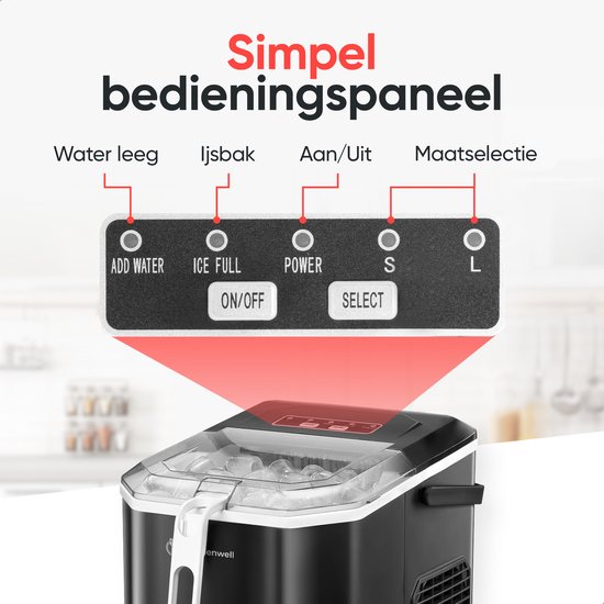 Kitchenwell IJsblokjesmachine - 1.3L - IJsblokjesmaker met IJsschep - 12kg/24 uur - Zelfreinigingsfunctie - Draagbaar - Zwart van Kitchenwell — afbeelding 4
