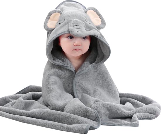 Grijs - Olifant - Badcape - Baby Handdoek - Zachte Poncho - Badhanddoek - Met Capuchon - Badponcho - Dieren - Baby fleecedeken - Baby en Peuters - 0-3 jaar - Babydeken - Babycape - Wikkeldeken - Kraamcadeau - Handdoek - Kleuter - Multifunctionele