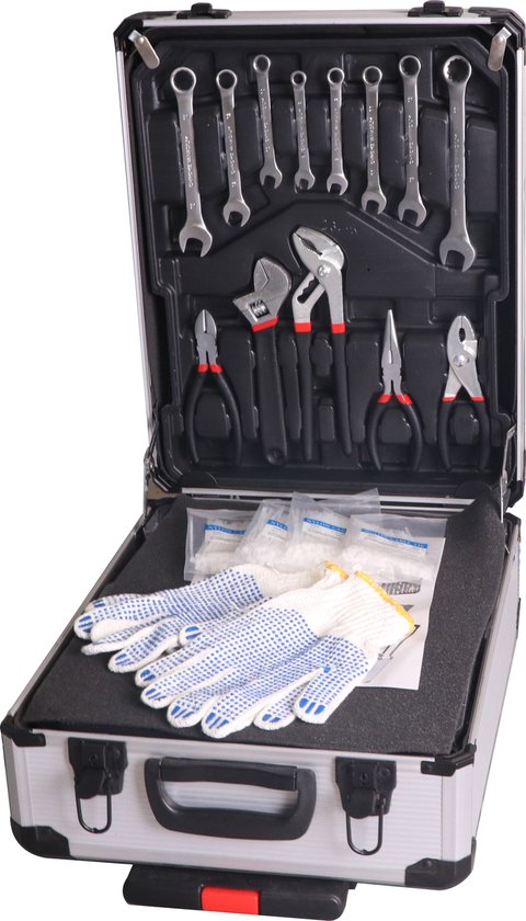 Zilverkleurige gereedschapskoffer geopend, met diverse sleutels, tangen en handschoenen.