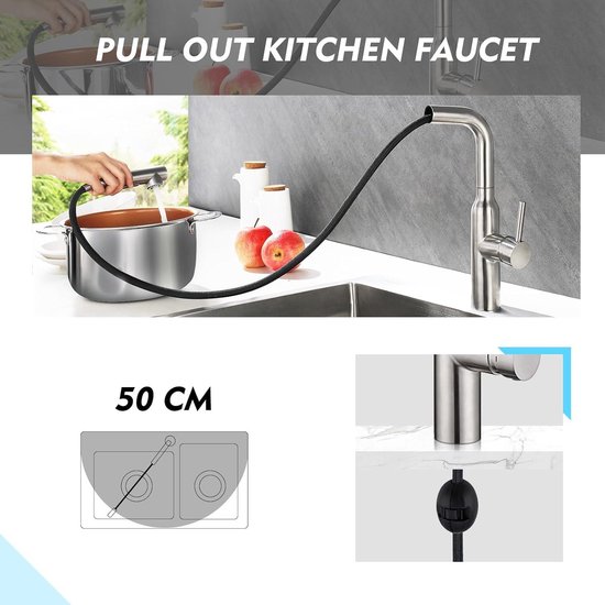 CREA Kraan armatuur keuken, uittrekbaar, keukenkraan met sproeier, 2 waterstraalsoorten, hogedruk eengreepsmengkraan, spoelbakarmatuur, 360° draaibaar, van roestvrij staal, zwart