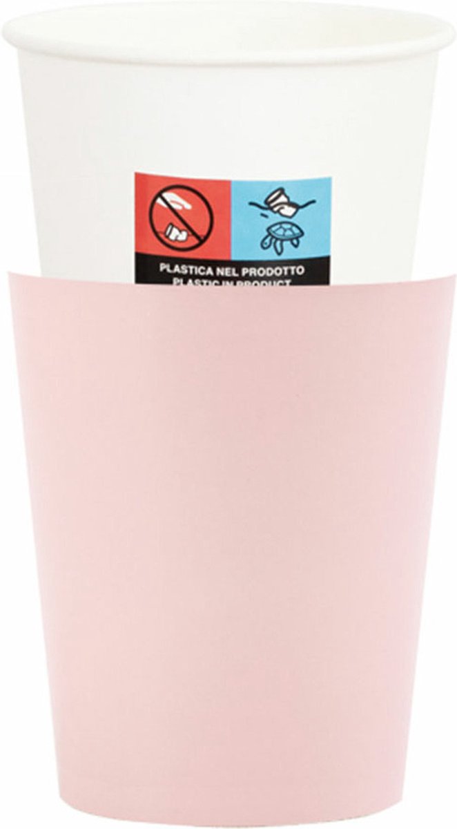 Givi Italia Feestbekers met hoesjes - 8x - baby roze - papier - 250ml - kinderfeestje - kartonnen bekertjes