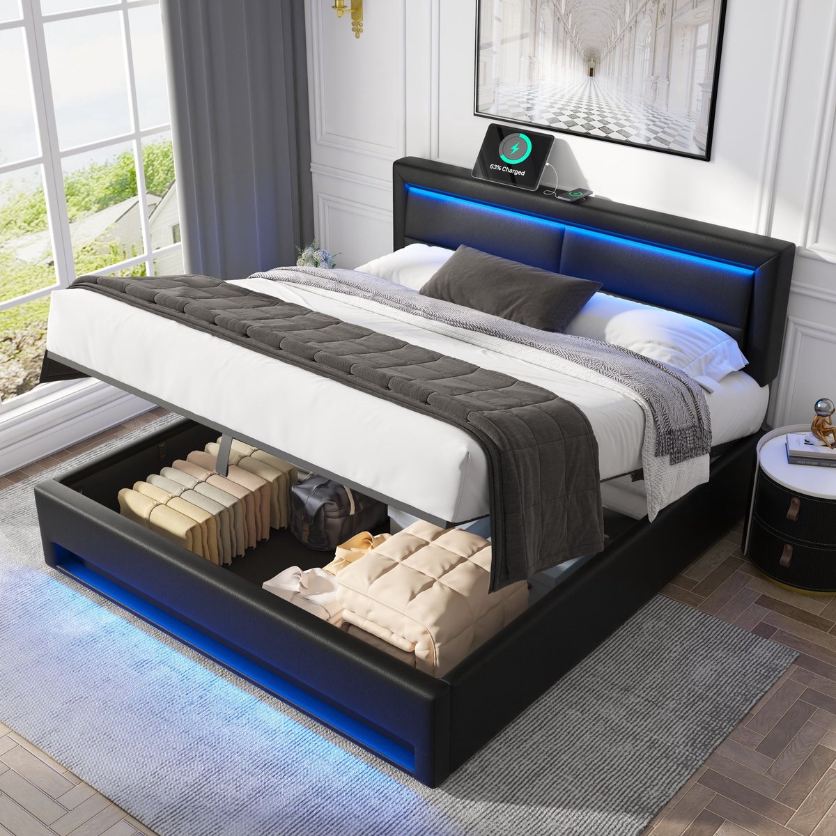 Sweiko Gestoffeerd Bed 160 x 200 cm, met USB-poort (ondersteunt draadloos en bedraad opladen), met LED-verlichting en opbergruimte, zonder matras, PU, Zwart