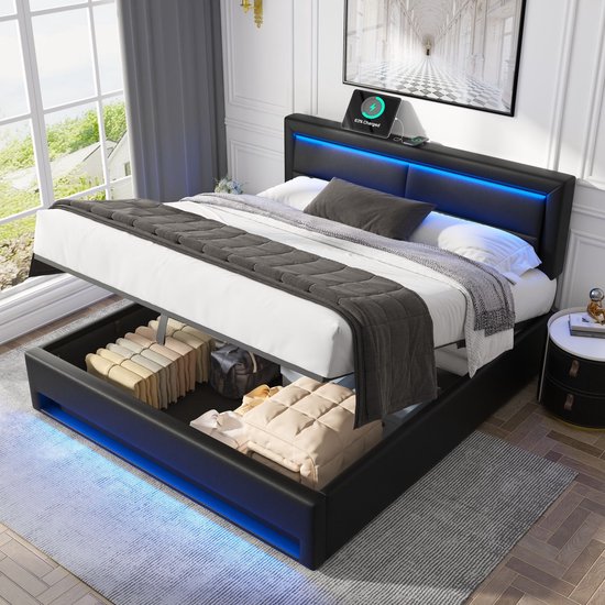 Sweiko Gestoffeerd Bed 160 x 200 cm, met USB-poort (ondersteunt draadloos en bedraad opladen), met LED-verlichting en opbergruimte, zonder matras, PU, Zwart