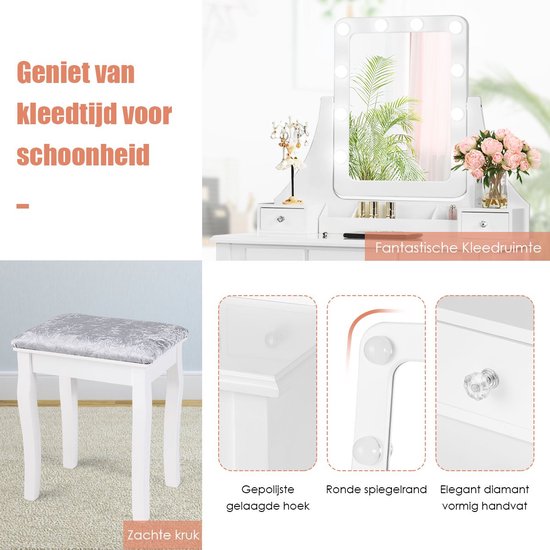 Kaptafel met LED spiegel en kruk wit/goud AUXON