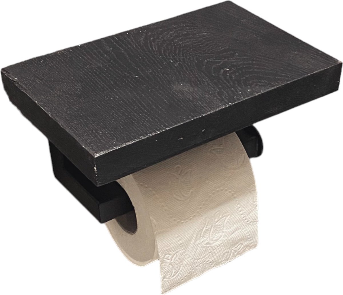 Maison DAM - Toiletrolhouder met zwart plankje - Handgemaakt - Eiken telefoonplankje - Incl. bijbehorende bevestiging- wc rolhouder