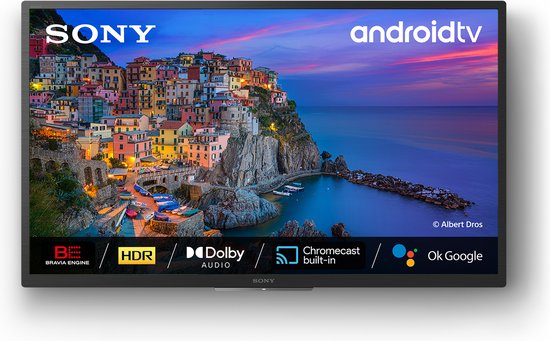 Sony Android TV met een afbeelding van de kust van Cinque Terre, met "Bravia Engine", "HDR", "Dolby Audio", "Chromecast built-in" en "Ok Google".
