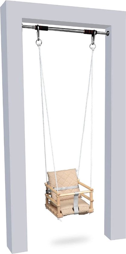 Houten babyschommel, kinderschommel, houten babywip, kamerschommel, indoor schommel, stoffen babyzitje, 4-in-1 veiligheidsgordel 2 x bevestigingshaken (natuurlijk