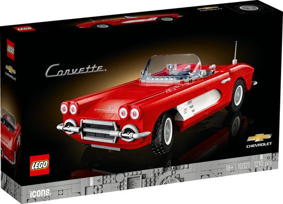 Doos met LEGO Icons 10321 Chevrolet Corvette, rode cabriolet met witte details en transparante voorruit.