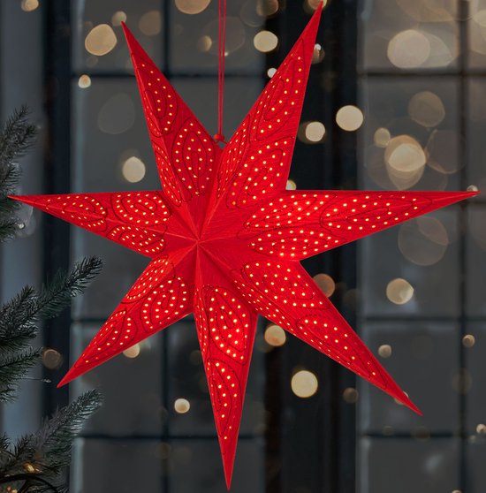 BRUBAKER 60 cm Papieren Kerstster om op te Hangen - LED Adventsster voor Kerstdecoratie en Raam - 3D Papieren Ster met Timer Functie - Hangende Lichtster - Verlichtbaar met Batterij - Rood