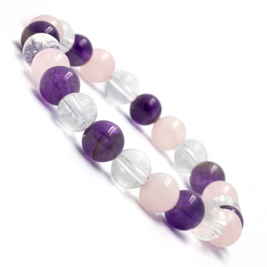 Armband met afwisselend paarse amethist, roze rozenkwarts en heldere bergkristallen.