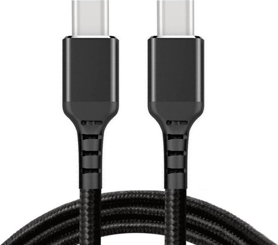 Twee zwarte, gevlochten USB-C connectoren van een kabel, dicht bij elkaar.