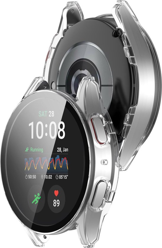 Doorzichtige beschermhoes voor smartwatch met een zwarte ring. De smartwatch heeft een sporthorloge-display.