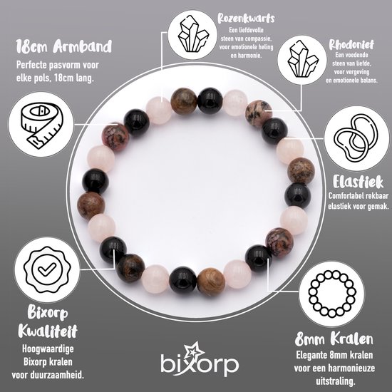 Armband met roze, zwarte en bruine kralen, met informatie over afmetingen en materialen.