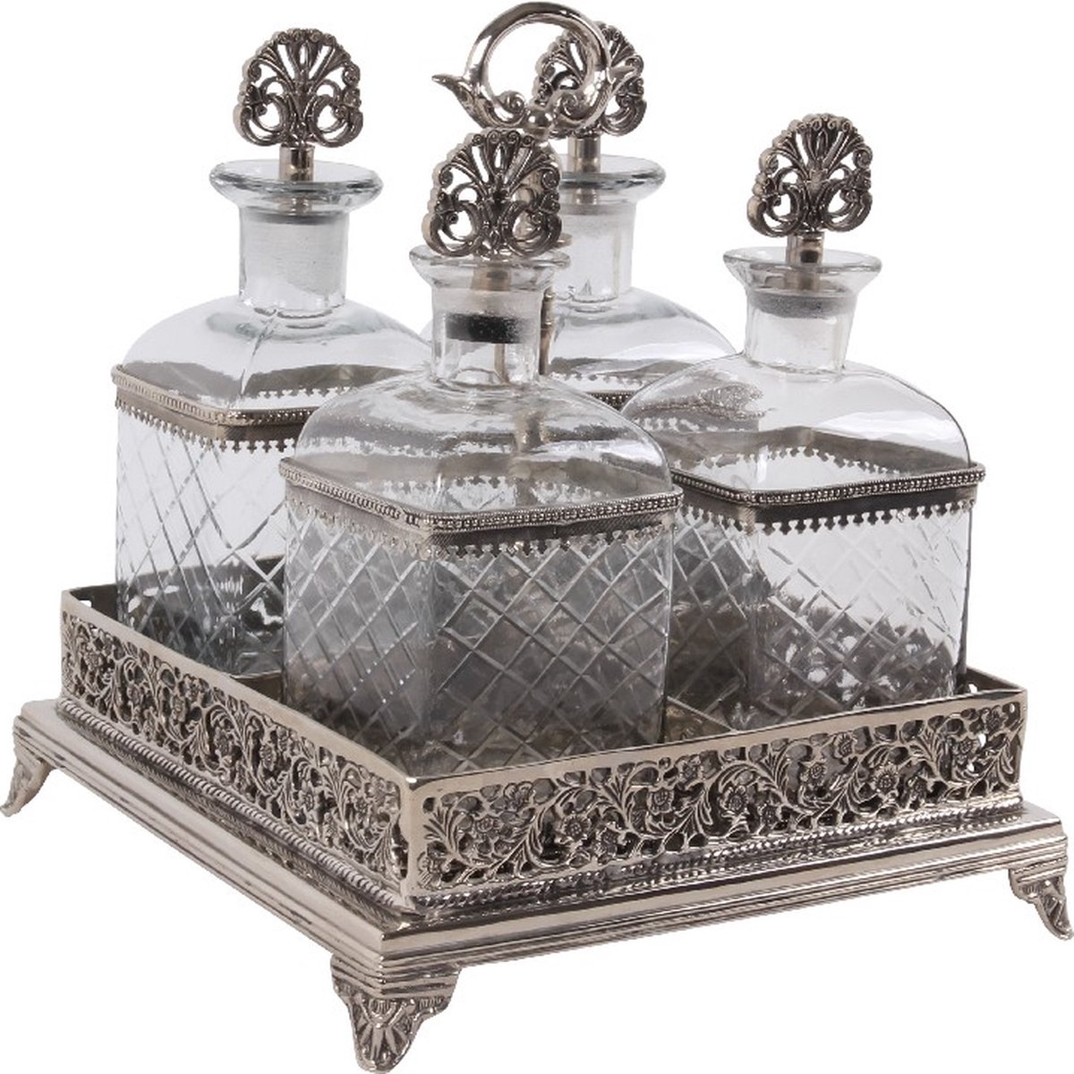 Baroque - Decoratieve schaal - Karaf Set met Standaard 26 cm - Zilver - Glas - 35x26x26 - Brass+glass